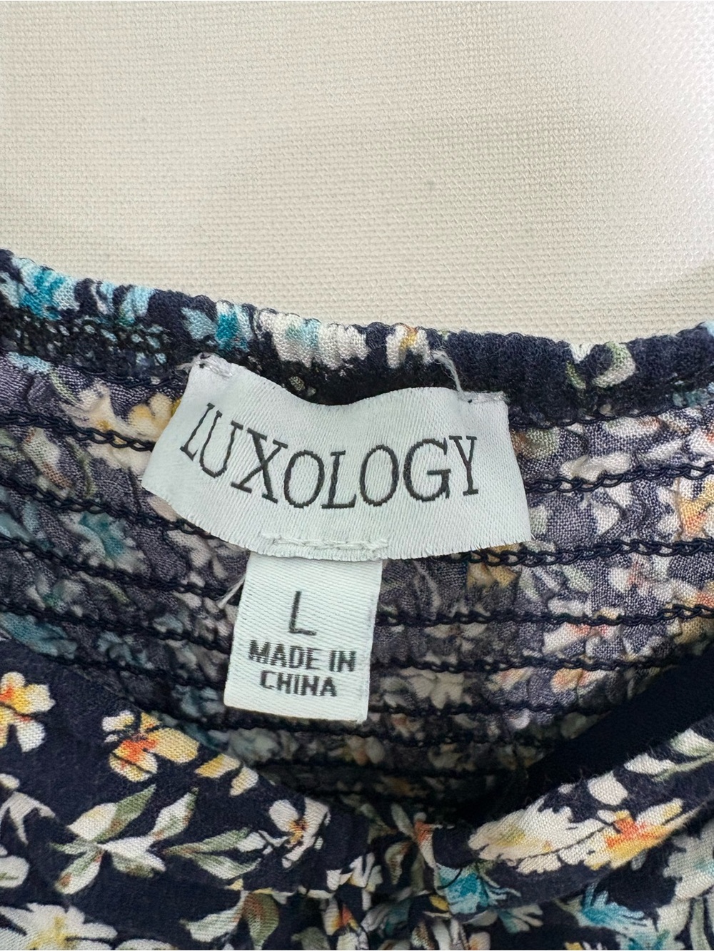 Luxology Black Floral Puff-Sleeve Jumpsuit with Blue and Cream Accents - Picture 3 of 9